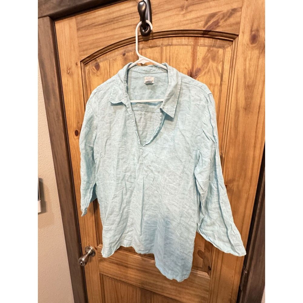 Sigrid Olsen Women's Blue Chambray Linen Shirt 3/4 Sleeve Placket Size L